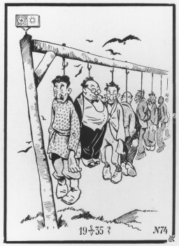 Cartoon depicting Jews, communists and other enemies of the Nazis hanging on a gallows