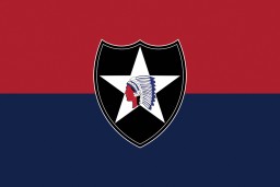 A digital representation of the United States 2nd Infantry Division's flag. 
The US 2nd Infantry Division (the "Indianhead" division) was created in 1917 and fought in World War I. During World War II, they were involved in D-Day and the Battle of the Bulge. They also captured the cities of Leipzig and Hadamar. Additionally, the division overran Leipzig-Schönefeld, a subcamp of Buchenwald, and liberated prisoners at the Spergau/Zöschen camp. The 2nd Infantry Division was recognized as a liberating unit in 1993 by the United States Army Center of Military History and the United States Holocaust Memorial Museum (USHMM). 