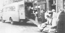 Psychiatric patients are evacuated to clinics where they will be murdered as part of the Nazi Euthanasia Program. Photo taken in Germany and dated circa 1942–1944.
The term "euthanasia" usually refers to causing a painless death for a chronically or terminally ill individual who would otherwise suffer. In the Nazi context, however, "euthanasia" was a euphemistic or indirect term for a clandestine murder program that targeted individuals with physical and mental disabilities.