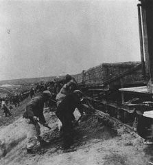 Prisioneiros do campo de trabalho forçado de Stupki para judeus, na área do Generalgouvernement (Governo Geral).