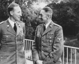 Reinhard Heydrich (left), Nazi governor of Bohemia and Moravia, with Karl Hermann Frank, his deputy. Prague, Czechoslovakia, 1941.