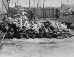 A large pile of emaciated corpses. Piles of clothes can be seen in the background. A soldier in black clothing stands in the back with their hands on their face. To the right is an open truck bed with additional bodies.