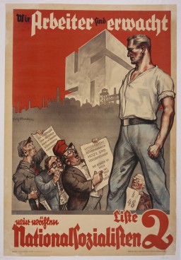 Illustrated propaganda poster. A large man with light skin tone and light hair stands strong in front of a group of men with exaggerated features holding large pieces of paper. Out of the cityscape background rises a monumental swastika. Large stylized German text scrolls across the top and bottom of the poster.