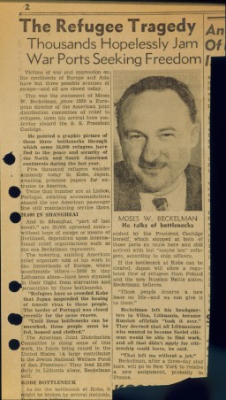 Newspaper clipping with two sets of three punched holes on the left side. Includes a black and white photo of Moses E. Beckelman.