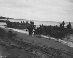 US troops land on Guadalcanal, in the Solomon Islands group. Guadalcanal was the focus of crucial battles in 1942–43. American victory in the Solomons halted the Japanese advance in the South Pacific. Guadalcanal, August 1942.