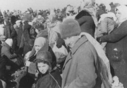 Orang Yahudi dari Lubny yang dikumpulkan, tidak lama sebelum mereka dibantai oleh detasemen Einsatzgruppe. Foto ini, yang aslinya berwarna, merupakan bagian dari serangkaian foto yang diambil oleh fotografer militer Jerman. Salinan dari koleksi ini kemudian digunakan sebagai barang bukti dalam pengadilan kejahatan perang. Lubny, Uni Soviet, 16 Oktober 1941.
