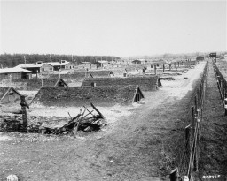 View of barracks after the liberation of Kaufering, a network of subsidiary camps of the Dachau concentration camp. [LCID: 82763]