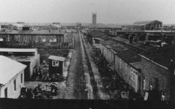 View of the Neuengamme concentration camp. Prisoners stand behind the fence that separates the "protective custody" camp from the manufacturing sectors of the camp. In the distance are the crematorium and the Walther armaments works. Photograph taken between 1940 and 1945, Neuengamme, Germany. 
 