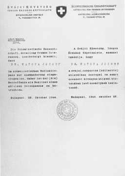 Sauf-conduit (Schutzpasse - passeport de protection) émis par le consulat suisse à Budapest, pour le grand Rabbin Joseph Katona.