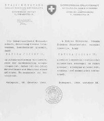 Salvoconducto emitido por el consulado suizo en Budapest para el rabino principal Joseph Katona. Budapest, Hungría, 23 de octubre de 1944.
