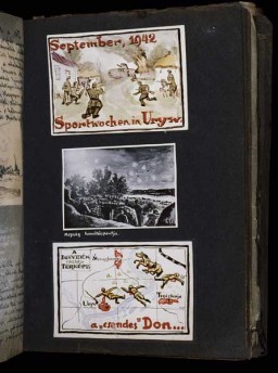 (top) "Watercolor entitled 'Sports weeks in Uryv, September 1942' in which a Russian tank attacks a Hungarian unit in Uryv."; (bottom) "Watercolor entitled 'Quiet Don: a detailed map of the Don River area' featuring images of dead soldiers, horses and spilled blood on a map of the Don River." [Photograph #58060]