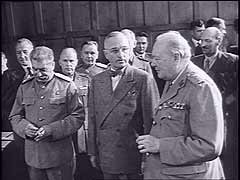 After the sudden death of Franklin D. Roosevelt in April 1945, Vice President Harry S. Truman became president of the United States. Here, President Truman meets with the heads of state of the Soviet Union and Great Britain (Joseph Stalin, Winston S. Churchill, and later Clement Attlee) in Potsdam, near Berlin, to discuss the future of defeated Germany. The leaders agreed to the partition of Germany and Berlin, Germany's capital city, into four zones of occupation: British, French, American, and Soviet. They also demanded the unconditional surrender of Japan, the only Axis power remaining at war.