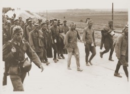 German soldiers guard Soviet prisoners of war marching to camps. [LCID: 91085]
