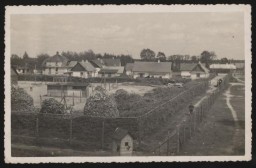 View of the Sobibor killing center and the German personnel living quarters, taken from a watchtower in the early summer of 1943. 
A Jewish forced laborer can be seen standing next to the barrack on the left side of the images, as well as in the foreground between the stacks of firewood. On the right, in the passageway between the camp fences, two Trawniki men patrol. The light roof of the railway building is visible between the fence lines. 
This photo comes from a collection donated by the descendants of Sobibor deputy camp commandant Johann Niemann. The images in the collection provide never-before-seen views of the killing center, including photos of barracks buildings, workshops, and SS and Ukrainian guards. The album complements and re-enforces the testimonies of the few Jewish survivors of this notorious camp. Niemann was killed during the Sobibor prisoner revolt on October 14, 1943, after which the camp was closed and demolished.