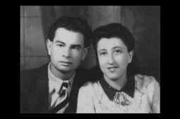 Postwar wedding portrait of Gertrude Boyarski and her husband. 1946.