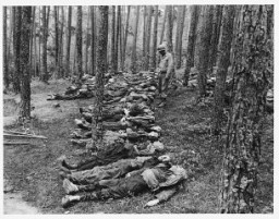 An American soldier looks at the corpses of Polish, Russian, and Hungarian Jews found in the woods near Neunburg vorm Wald. The victims were prisoners from Flossenbürg who were shot near Neunburg while on a death march. Germany, April 29, 1945.