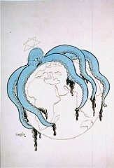 Propaganda cartoon by Seppla (Josef Plank) warning of a worldwide Jewish conspiracy.  The cartoon depicts an octopus with a Star of David over its head and tentacles encompassing a globe. Germany, date uncertain.