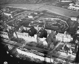 Aerial view of the Nuremberg Palace of Justice, where the International Military Tribunal tried 22 leading German officials for war crimes. Nuremberg, Germany, November 1945.