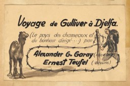 Esquisse dans le cahier de dessin de Donald Coster qu'on lui a présenté pendant une inspection au camp d'internement de Djelfa. La page est intitulée « Voyage de Gulliver à Djelfa ». Djelfa, Algérie, vers 1942.