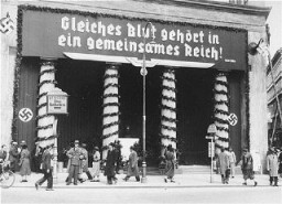 The Loos Haus building in Vienna decorated with signs encouraging Austrian incorporation into greater Germany. Vienna, Austria, April 1938.