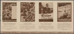 Sepia-toned brochure showing the covers of four books about Hitler and descriptions in German beneath them.