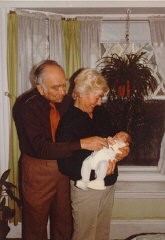 Norman and Amalie Salsitz with their first grandchild, Dustin. March 11, 1983.
With the end of World War II and collapse of the Nazi regime, survivors of the Holocaust faced the daunting task of rebuilding their lives. With little in the way of financial resources and few, if any, surviving family members, most eventually emigrated from Europe to start their lives again. Between 1945 and 1952, more than 80,000 Holocaust survivors immigrated to the United States. Norman was one of them. 