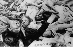 A pile of corpses. Many faces are visible with open mouths and closed eyes.There appears to be a small identification number printed along the bottom edge.
