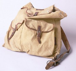 This tan backpack was used by Ruth Berkowitz to carry her belongings as she fled from Warsaw via Lithuania and the Soviet Union to Japan. Most of her possessions were confiscated by both the Nazis and the Soviets during her journey. [From the USHMM special exhibition Flight and Rescue.]