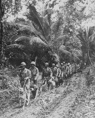 Des marines américains se rendent sur la ligne de front dans les jungles de Bougainville, l’une des îles Salomon, dans l’océan Pacifique. 1943.