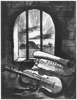 A stylized black and white illustration of a violin and sheet music wrapped in barbed wire behind prison bars looking out. A few buildings and a bright sky can be seen out the prison window.