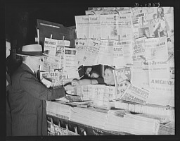 (1941-1942) Crowded newsstands in the United States such as these held journals representing various political parties and ideologies. Americans had access to many different perspectives about what was happening at home and abroad during the war.