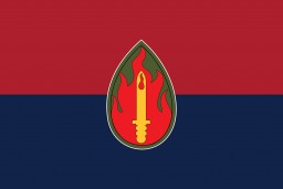 A digital representation of the United States 63rd Infantry Division's flag. 
The US 63rd Infantry Division (the "Blood and Fire" division) was established in 1943. During World War II, they took the town of Heidelberg and liberated several Kaufering subcamps. The 63rd Infantry Division was recognized as a liberating unit in 2000 by the United States Army Center of Military History and the United States Holocaust Memorial Museum (USHMM). 