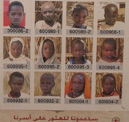Cartaz da Cruz Vermelha Internacional exibindo fotografias de crianças em campos de refugiados no Chade.