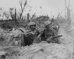 US Marines during the final stage of the fight for Peleliu Island in the Pacific theater of war. September 14, 1944.