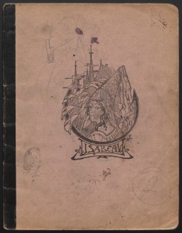 Hardbound journal cover with an illustration of a fairytale princess and castle in the background. The name Isabeau is built into the bottom of the illustration. There are various pencil doodles and marks on the cover including a circled number 2, a portrait, flowers, and other marks.