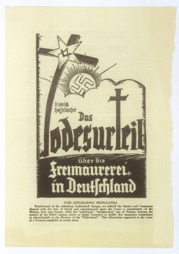 Illustrated cream pamphlet cover. Illustration features a sun with a swastika rising over a cross bearing the star and compass of the freemasons. A text block sits at the bottom of the page.