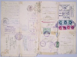 Many refugees had difficulties replacing lost or invalidated personal identification documents. The certificate of Polish citizenship shown here was valid in place of a passport. A Polish Jewish refugee used this certificate to travel legally from Lithuania, through the Soviet Union, to Japan. It contains the Curacao notation needed to obtain Soviet and Japanese visas. The bearer of this certificate aimed to reach Palestine, but ended up spending most of the war in Calcutta, India, part of the British Commonwealth of Nations. [From the USHMM special exhibition Flight and Rescue.]