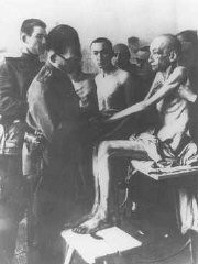 Peu après leur libération, un médecin soviétique examine des survivants du camp d’Auschwitz.