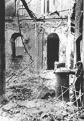 Sephardic synagogue destroyed during the January 21-23 Iron Guard pogrom. Bucharest, Romania, January 1941.