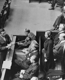 Defendant Inge Viermetz pleads "not guilty" at her arraignment during the RuSHA Trial. [LCID: 43045]