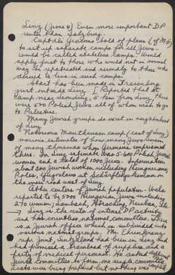 Page from Earl G. Harrison's notebook, recording his impressions of Linz, Austria, while on a tour of displaced persons camps in 1945.