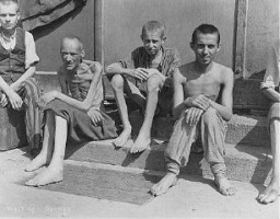 Emaciated survivors soon after liberation. Dachau, Germany, after April 29, 1945.