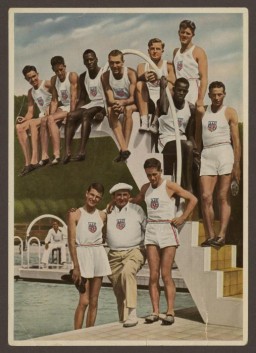 Cigarette card portraying some of the American track and field athletes who competed in the 1936 Olympics in Berlin, Germany. The US team was the second largest to compete in the 1936 Summer Olympic Games with 312 members, including 18 African Americans. 
Cigarette cards were collectible cards often included in packages of cigarettes into the 1940s. 