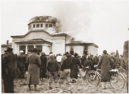 Local residents watch  the burning of the ceremonial hall at the Jewish cemetery in Graz during Kristallnacht (the "Night of Broken ... [LCID: 4372]