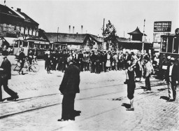 Jewish residents of the Szeged ghetto assemble for deportation. [LCID: 37207]