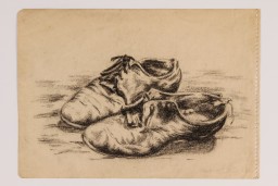 Pencil drawing of a pair of worn leather shoes on cream paper.