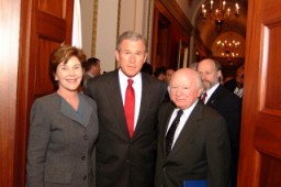 <p>Laura Bush, George Bush, and Benjamin Meed during the Days of Remembrance ceremony in 2001, the theme of which was "Remembering the past for the sake of the future." Days of Remembrance was established by the United States Congress as the United States' annual commemoration of the victims of the Holocaust, just as the United States Holocaust Memorial Museum was established as a permanent living memorial to those victims. </p>