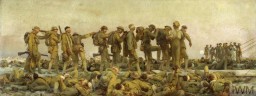 World War I (1914–18) saw the first use of poison gas as a weapon of war. In this oil painting, John Singer Sargent depicted the aftermath of a mustard gas attack on British soldiers during a battle in August 1918. A line of soldiers, with bandaged eyes injured by the gas, hold on to one another as they are led to medical treatment. Around them are rows of other soldiers injured by the effects of the mustard gas, which could cause injuries such as burns and temporary blindness. © IWM (Art.IWM ART 1460)  