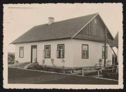 View of the old officers' dining room at Sobibor (known as the "Kasino"). This photograph was taken in the summer of 1943, after the building was renovated. The building served as a dining room for the Germans and as lodgings for the camp commanders. Deputy camp commandant Johann Niemann also lived there.
This image comes from an album and collection kept by Johann Niemann, who became deputy commandant of the Sobibor killing center after holding positions in the "euthanasia" program and in other camps.
