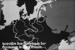 Propaganda slide for a Hitler Youth educational presentation entitled "German Achievements in the East." Circa 1934–1937.